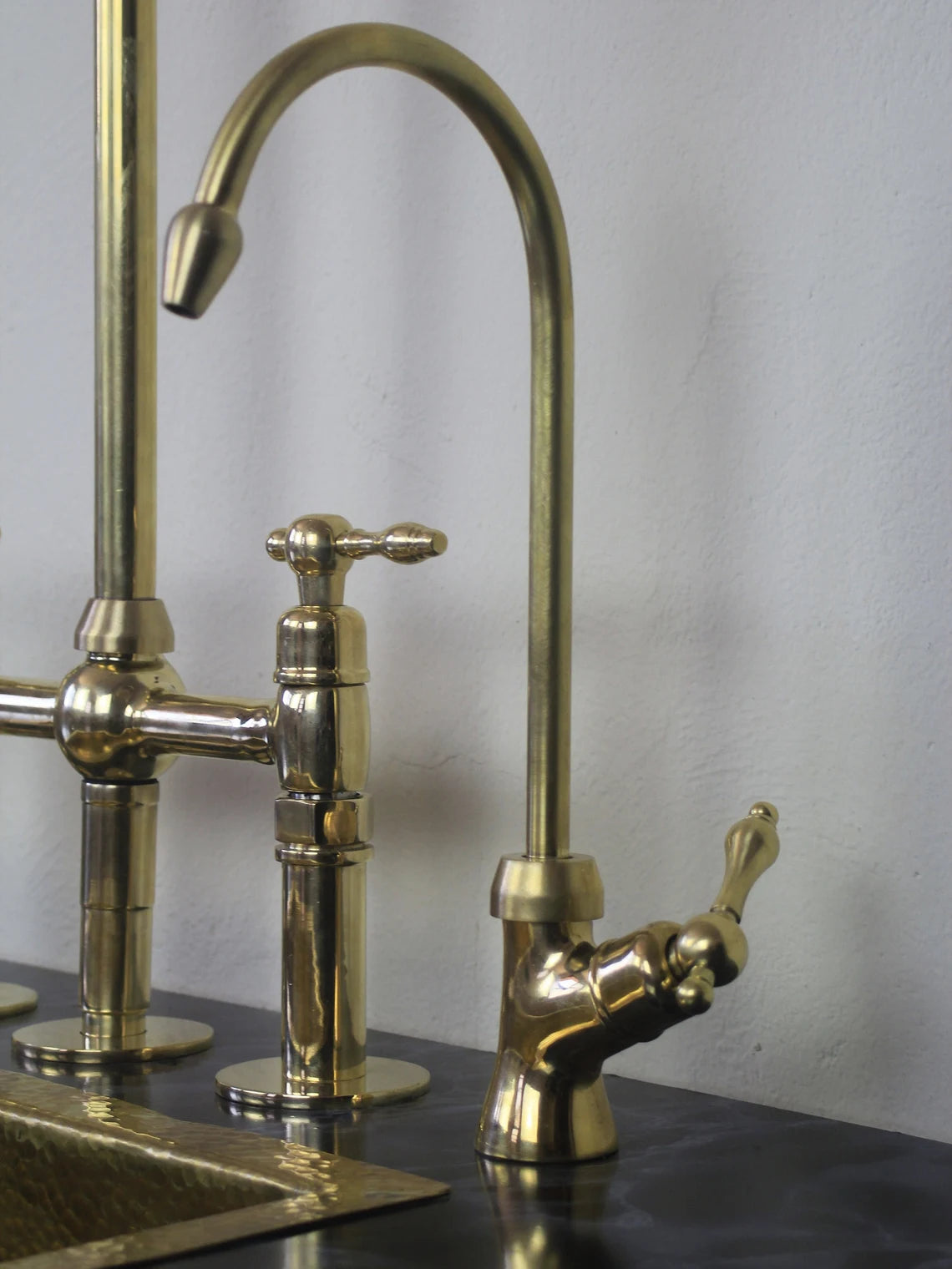 Unlacquered Brass 3 Holes Kitchen Bridge Faucet With Side Sprayer & Cold Water faucet