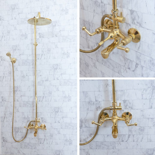 Unlacquered Brass Shower Set With tub filler, Handheld and Head Shower