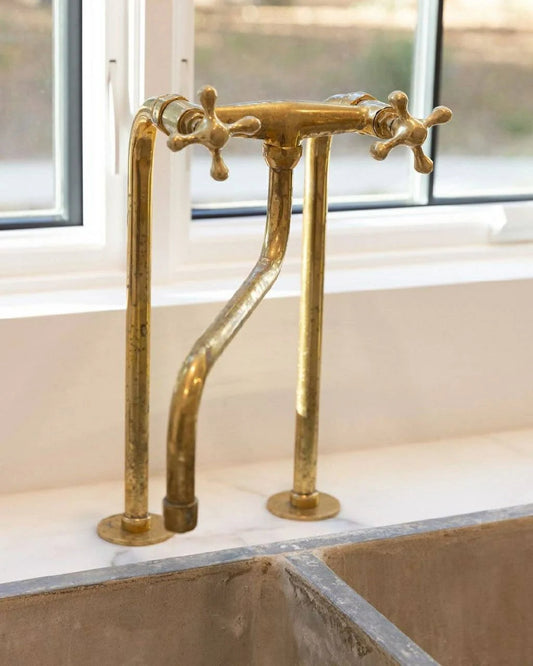 Unlacquered Brass Antique Kitchen Faucet with two long legs and Side Sprayer - extend downward spout faucet