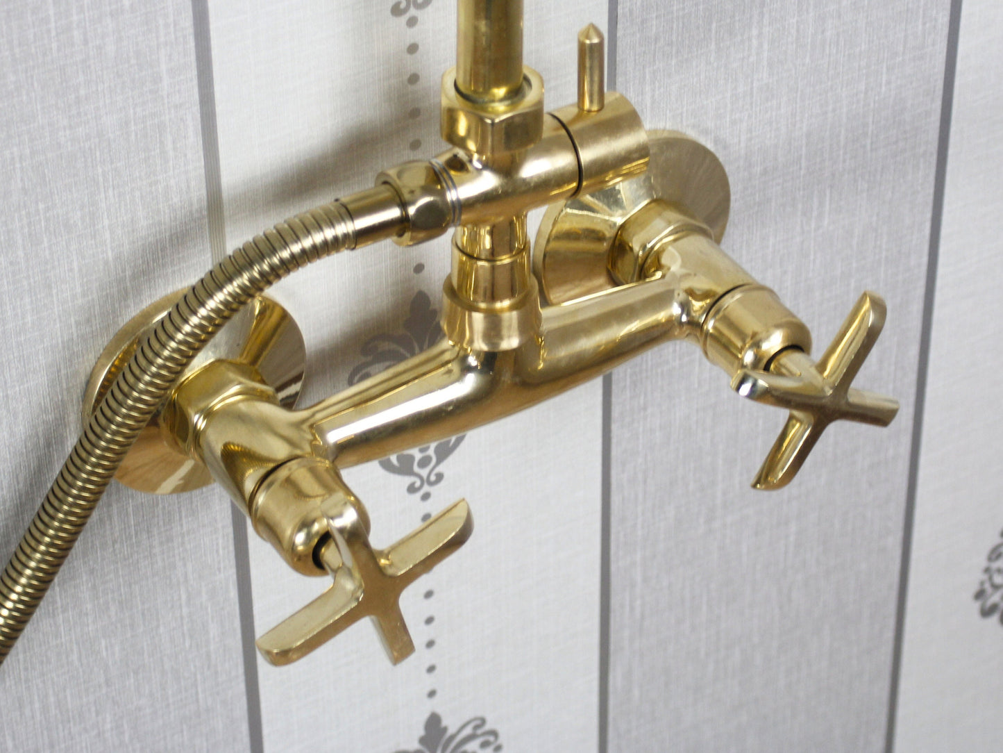 Antique Solid Brass Exposed Shower System, Unlacquered Bathroom Shower System with High Pressure, Handheld And Round ShowerHead