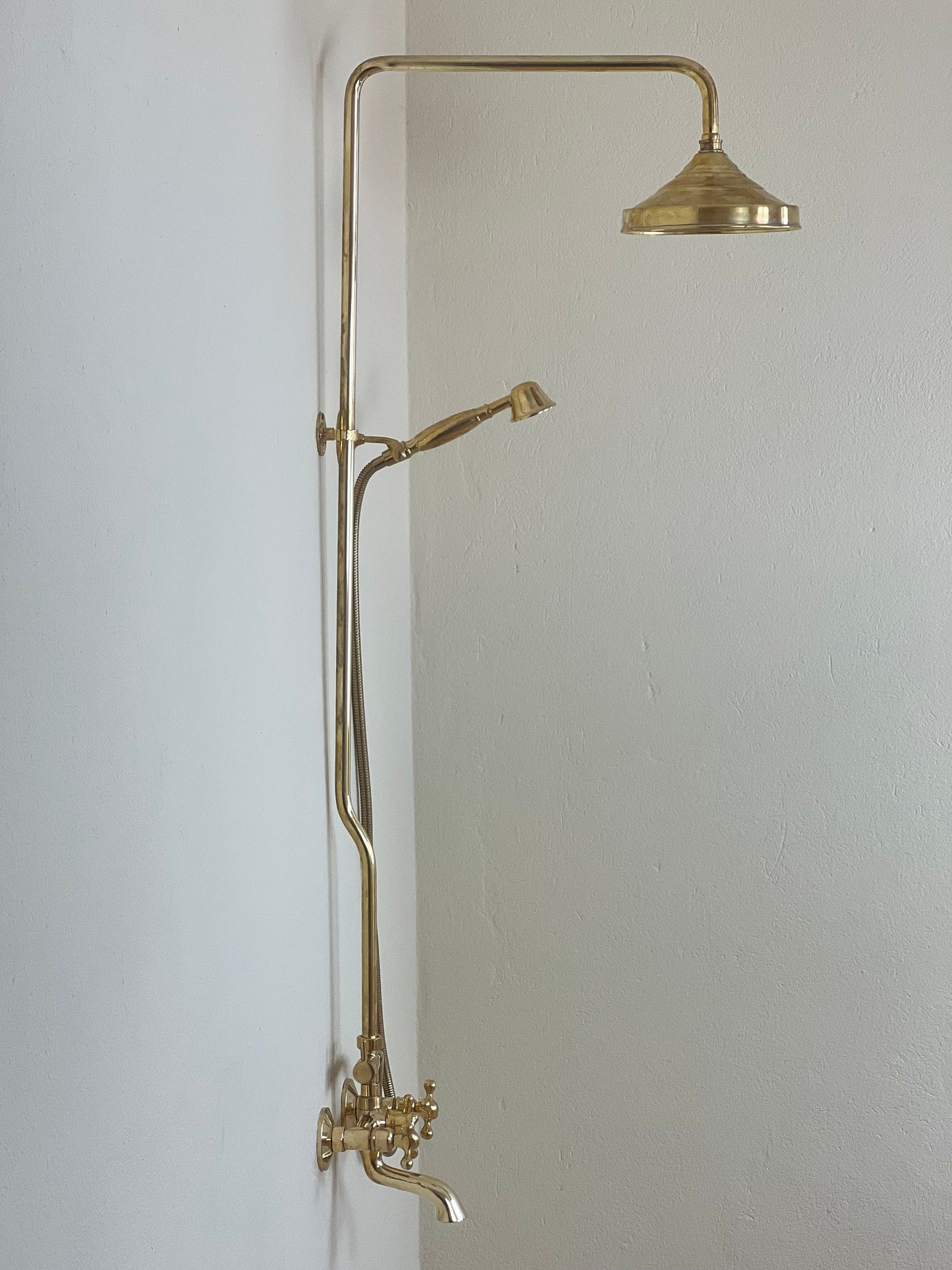 3-in-1 Shower Combo with Handheld, Rain Shower, and Tub Filler , Unlacquered Brass