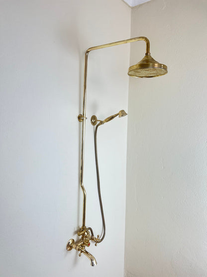 3-in-1 Shower Combo with Handheld, Rain Shower, and Tub Filler , Unlacquered Brass