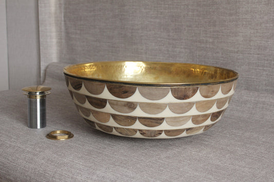 Handmade Moroccan Sink with Brass,resin and walnut wood. Vessel Sink for Bathroom