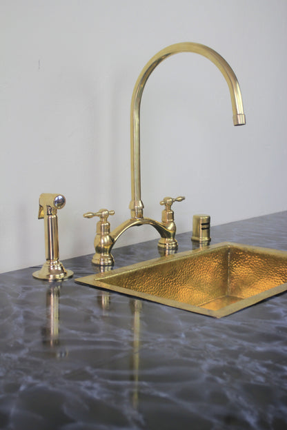 Victorian-Inspired Unlacquered Brass Bridge Faucet, Unlacquered Brass Kitchen Bridge Faucet Vectorian Style with Sprayer