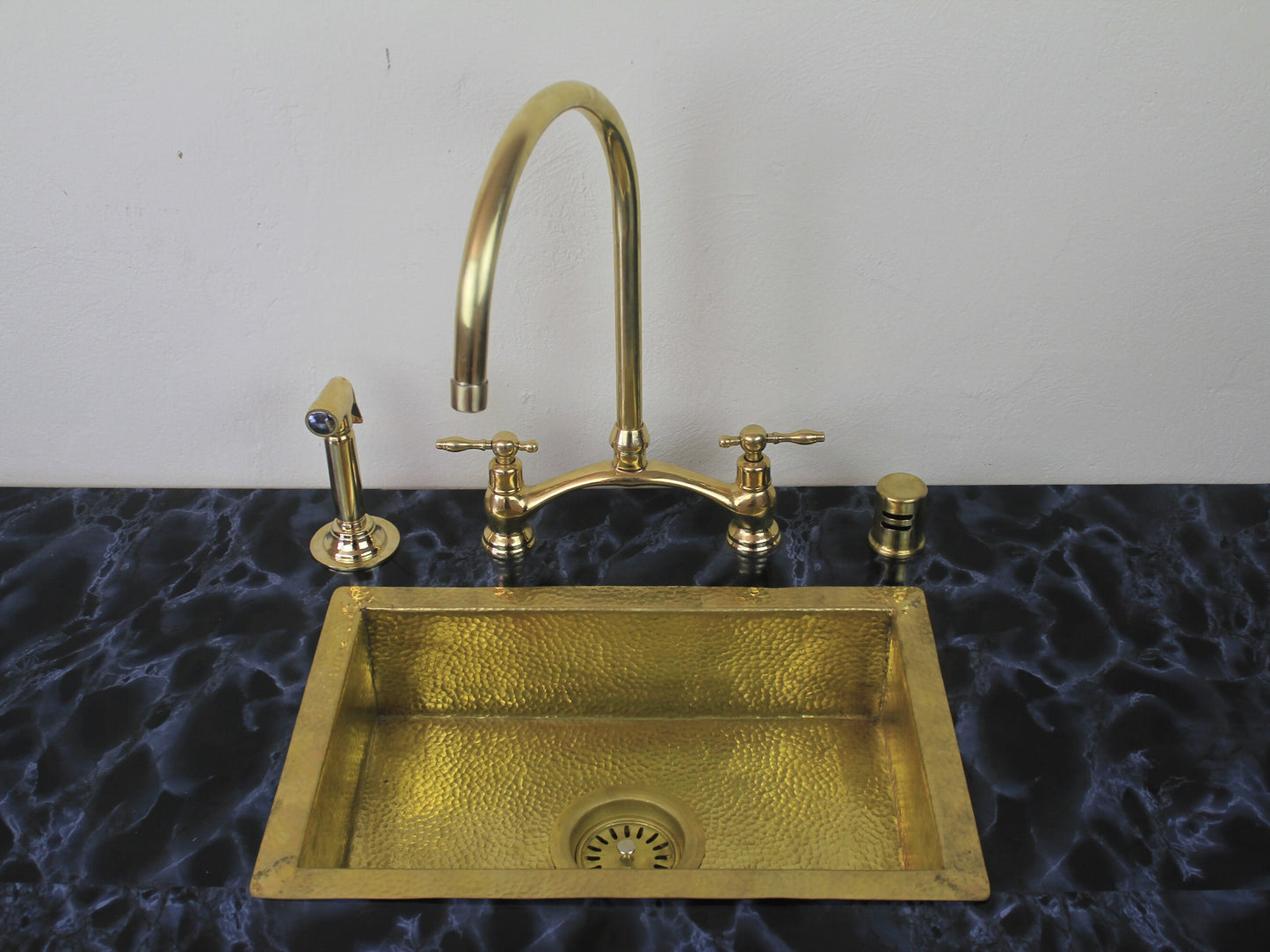 Victorian-Inspired Unlacquered Brass Bridge Faucet, Unlacquered Brass Kitchen Bridge Faucet Vectorian Style with Sprayer