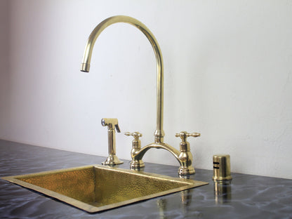 Victorian-Inspired Unlacquered Brass Bridge Faucet, Unlacquered Brass Kitchen Bridge Faucet Vectorian Style with Sprayer