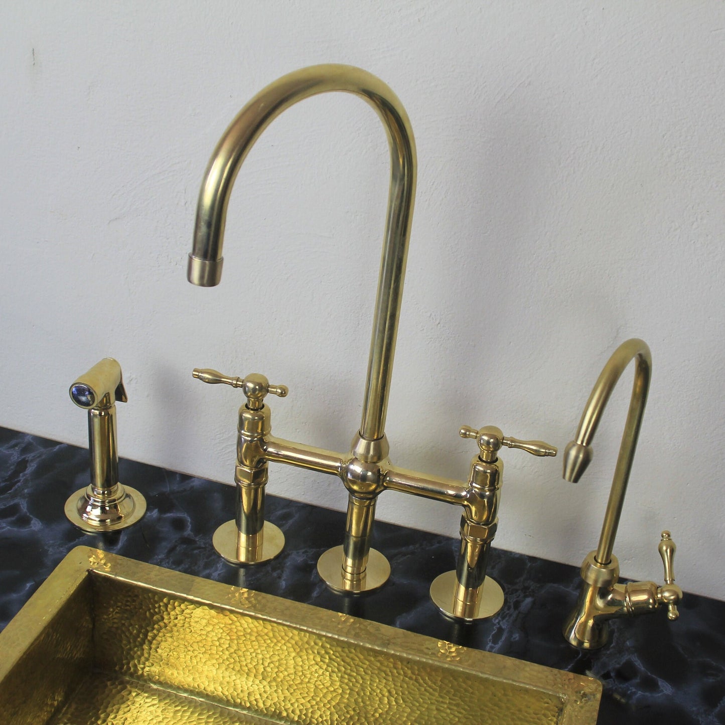 Unlacquered Brass 3 Holes Kitchen Bridge Faucet With Side Sprayer & Cold Water faucet