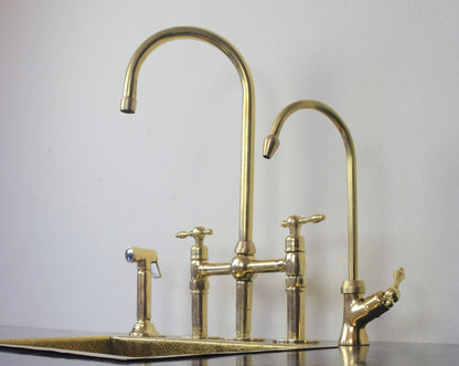 Unlacquered Brass 3 Holes Kitchen Bridge Faucet With Side Sprayer & Cold Water faucet