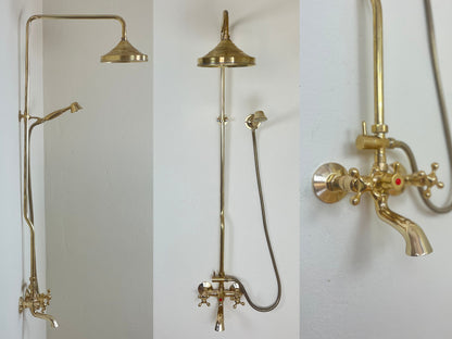 3-in-1 Shower Combo with Handheld, Rain Shower, and Tub Filler , Unlacquered Brass