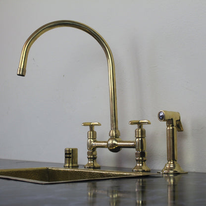 Unlacquered Brass Bridge Faucet, 8 Bridge center BALL-SHAPED Faucet With Linear short Legs and Sprayer