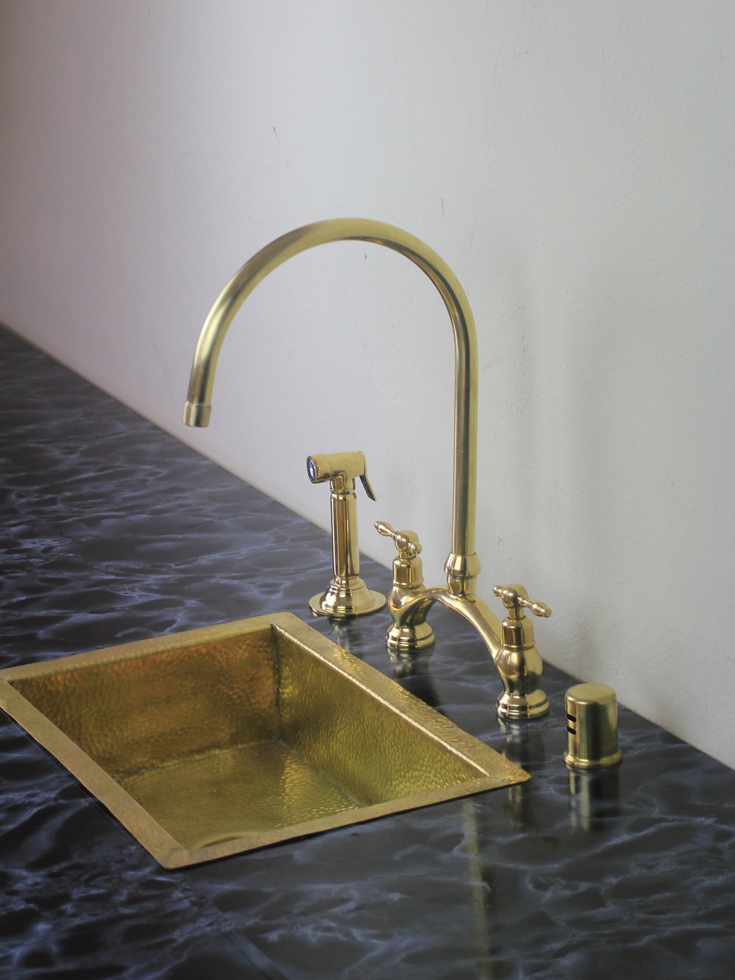 Victorian-Inspired Unlacquered Brass Bridge Faucet, Unlacquered Brass Kitchen Bridge Faucet Vectorian Style with Sprayer