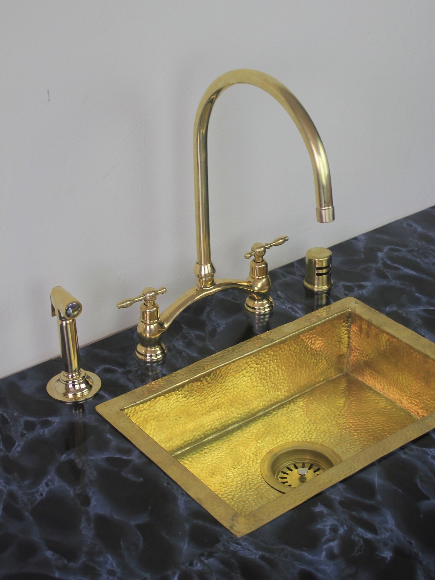 Victorian-Inspired Unlacquered Brass Bridge Faucet, Unlacquered Brass Kitchen Bridge Faucet Vectorian Style with Sprayer