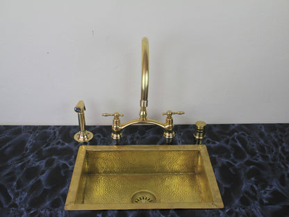 Victorian-Inspired Unlacquered Brass Bridge Faucet, Unlacquered Brass Kitchen Bridge Faucet Vectorian Style with Sprayer