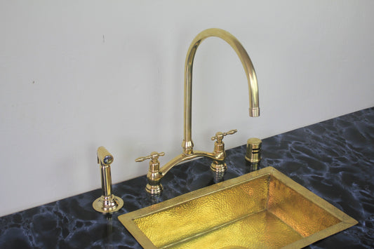 Victorian-Inspired Unlacquered Brass Bridge Faucet, Unlacquered Brass Kitchen Bridge Faucet Vectorian Style with Sprayer