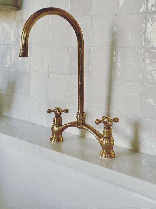 Victorian-Inspired Unlacquered Brass Bridge Faucet, Unlacquered Brass Kitchen Bridge Faucet Vectorian Style with Sprayer