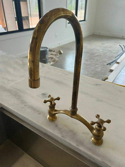 Victorian-Inspired Unlacquered Brass Bridge Faucet, Unlacquered Brass Kitchen Bridge Faucet Vectorian Style with Sprayer