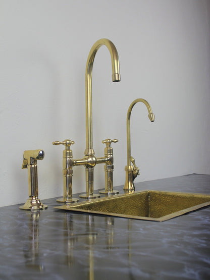 Unlacquered Brass 3 Holes Kitchen Bridge Faucet With Side Sprayer & Cold Water faucet