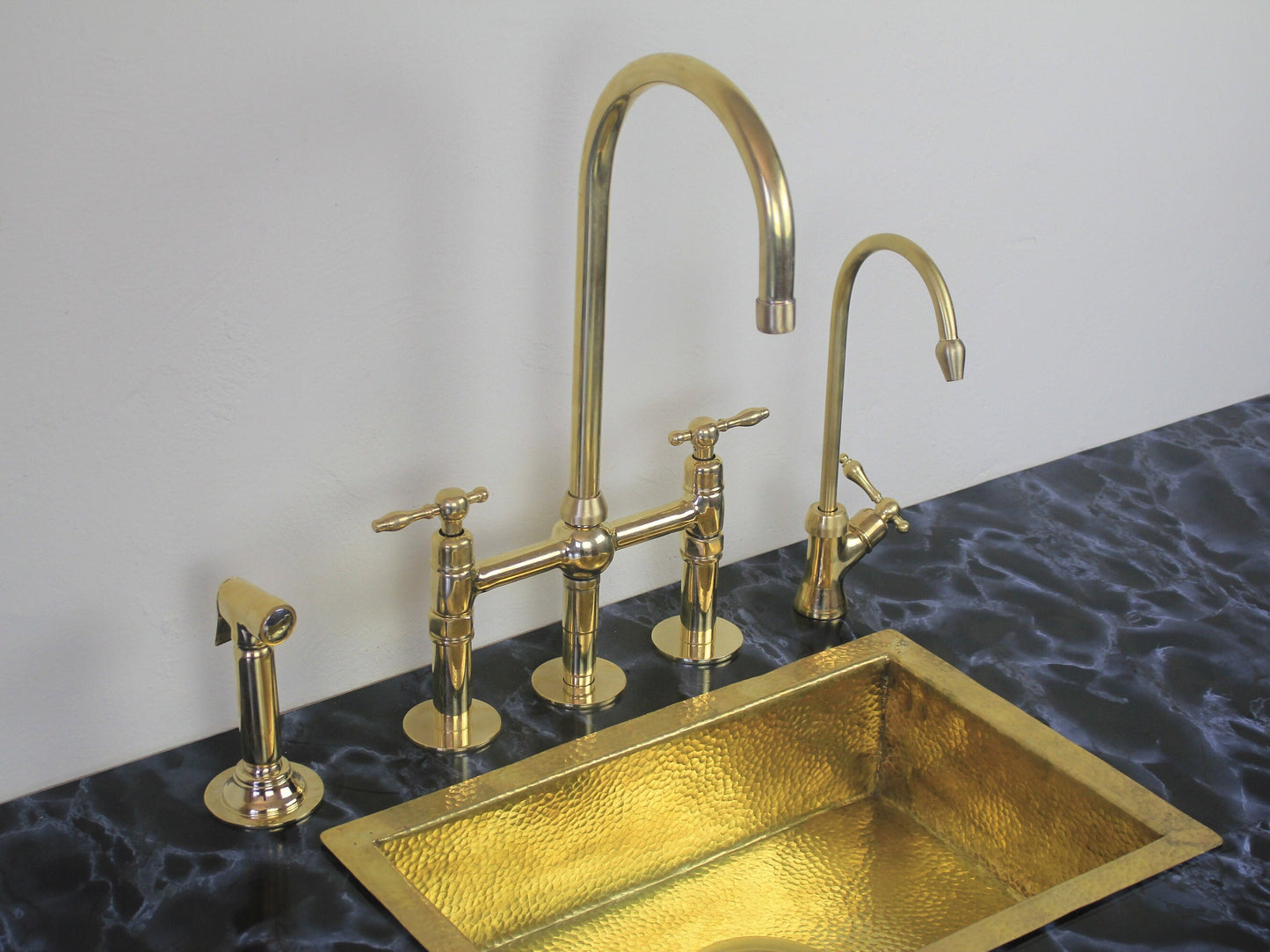 Unlacquered Brass 3 Holes Kitchen Bridge Faucet With Side Sprayer & Cold Water faucet