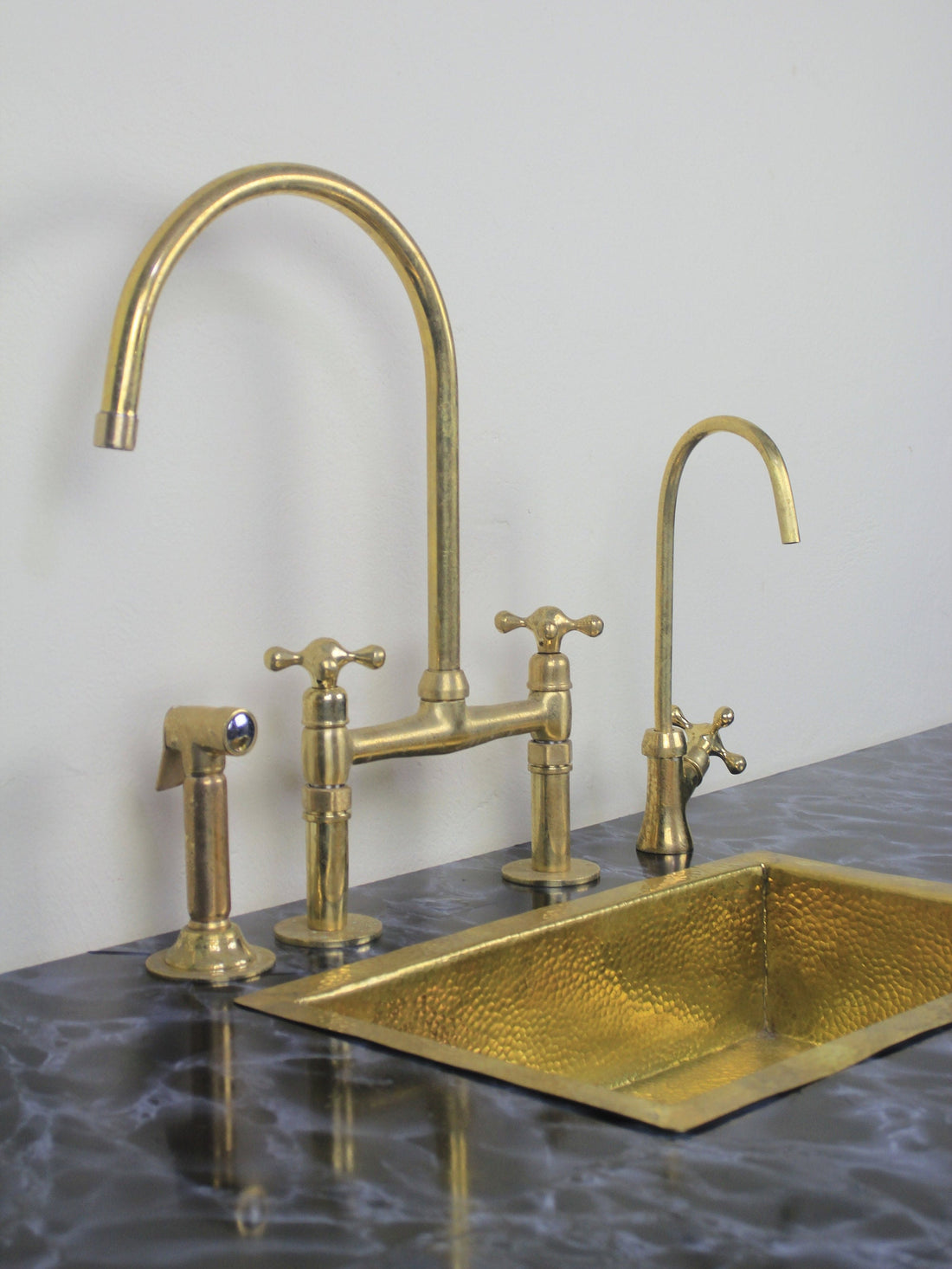 Aged Unlacquered Brass Bridge Faucet, Cold Water Faucet and Sprayer