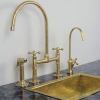Aged Unlacquered Brass Bridge Faucet, Cold Water Faucet and Sprayer