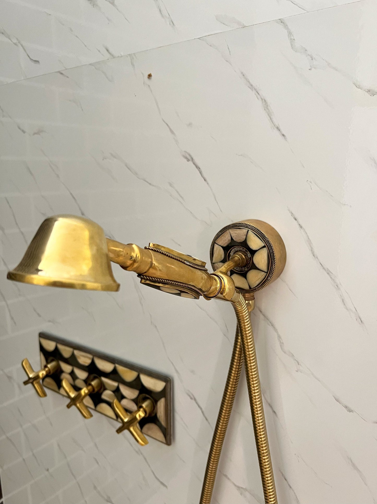 Handcrafted Solid Brass Shower Head And handheld Set,Brass and Resin Decoration