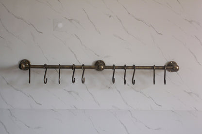 Aged Bronze Brass Wall Mounted Organizer Rack With 10 Hooks for Home Kitchen