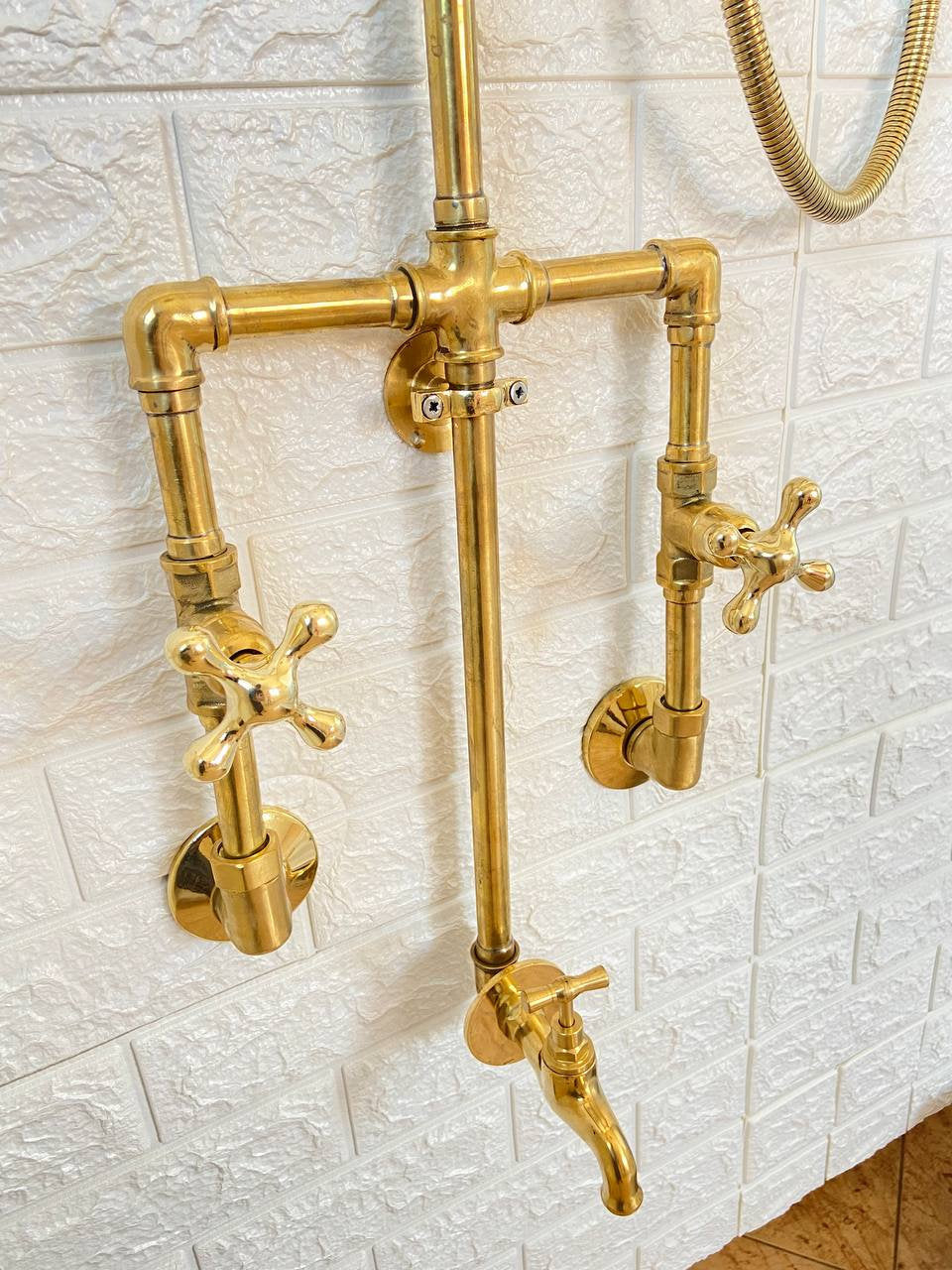 Trio Handcrafted Solid Brass Shower Head And handheld Set