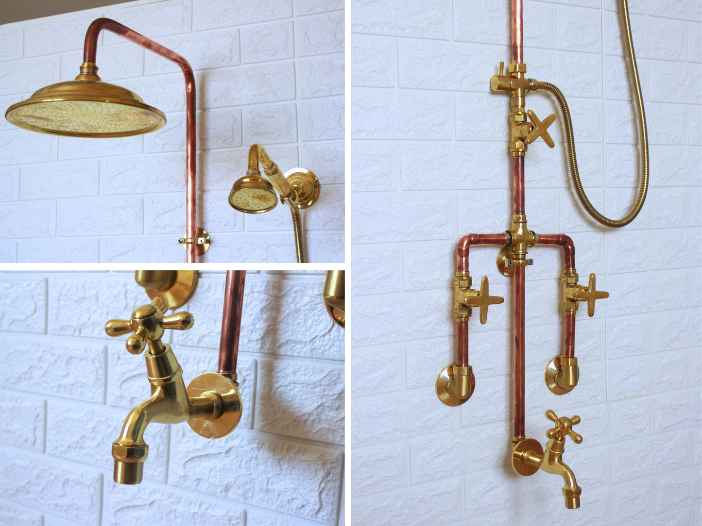 Trio Handcrafted Solid Copper- Brass Shower Head And handheld Set