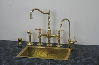 Classic Kitchen Bridge Faucet with Side Sprayer & Cold Water Faucet ,Modern Unlacquered Brass Bridge Faucet: Style and Functionality