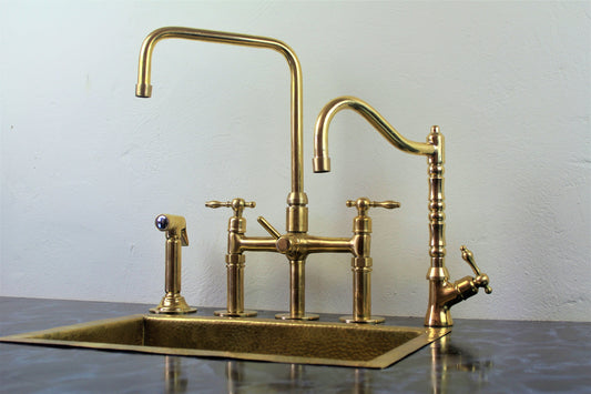 Unlacquered Brass L-Shaped Bridge Faucet with Sprayer and Classic Cold Water Feature