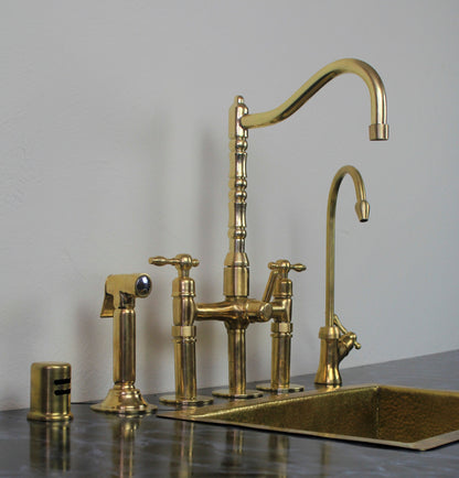 Classic Kitchen Bridge Faucet with Side Sprayer & Cold Water Faucet ,Modern Unlacquered Brass Bridge Faucet: Style and Functionality