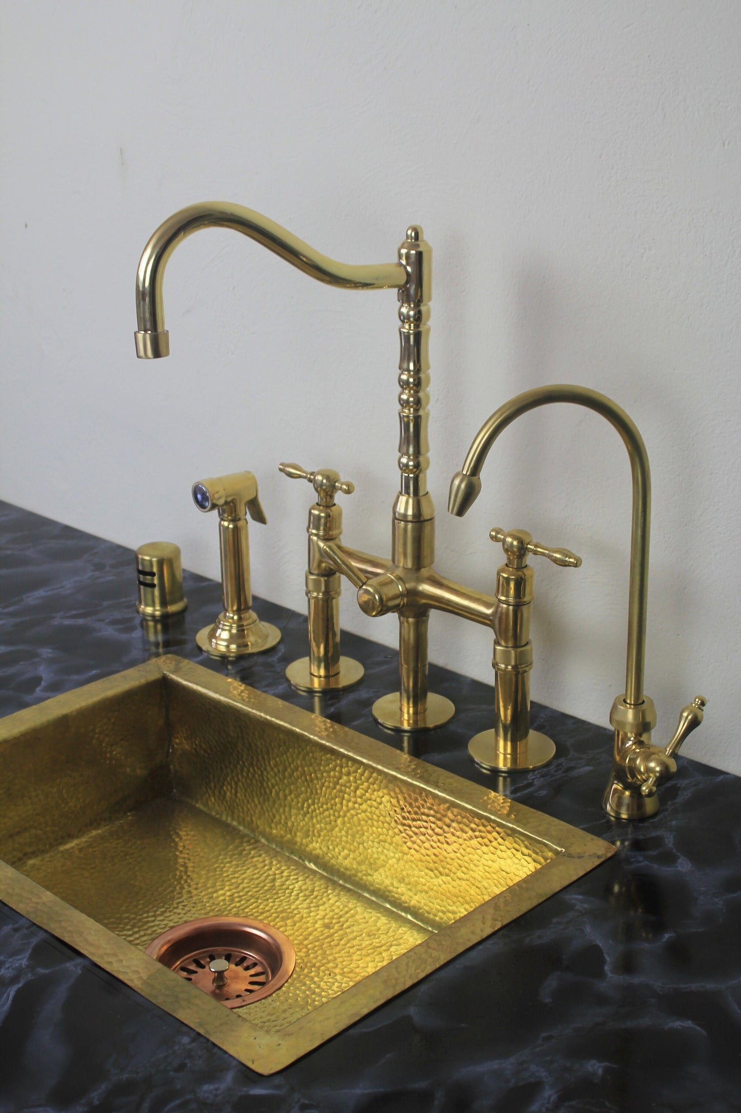 Classic Kitchen Bridge Faucet with Side Sprayer & Cold Water Faucet ,Modern Unlacquered Brass Bridge Faucet: Style and Functionality