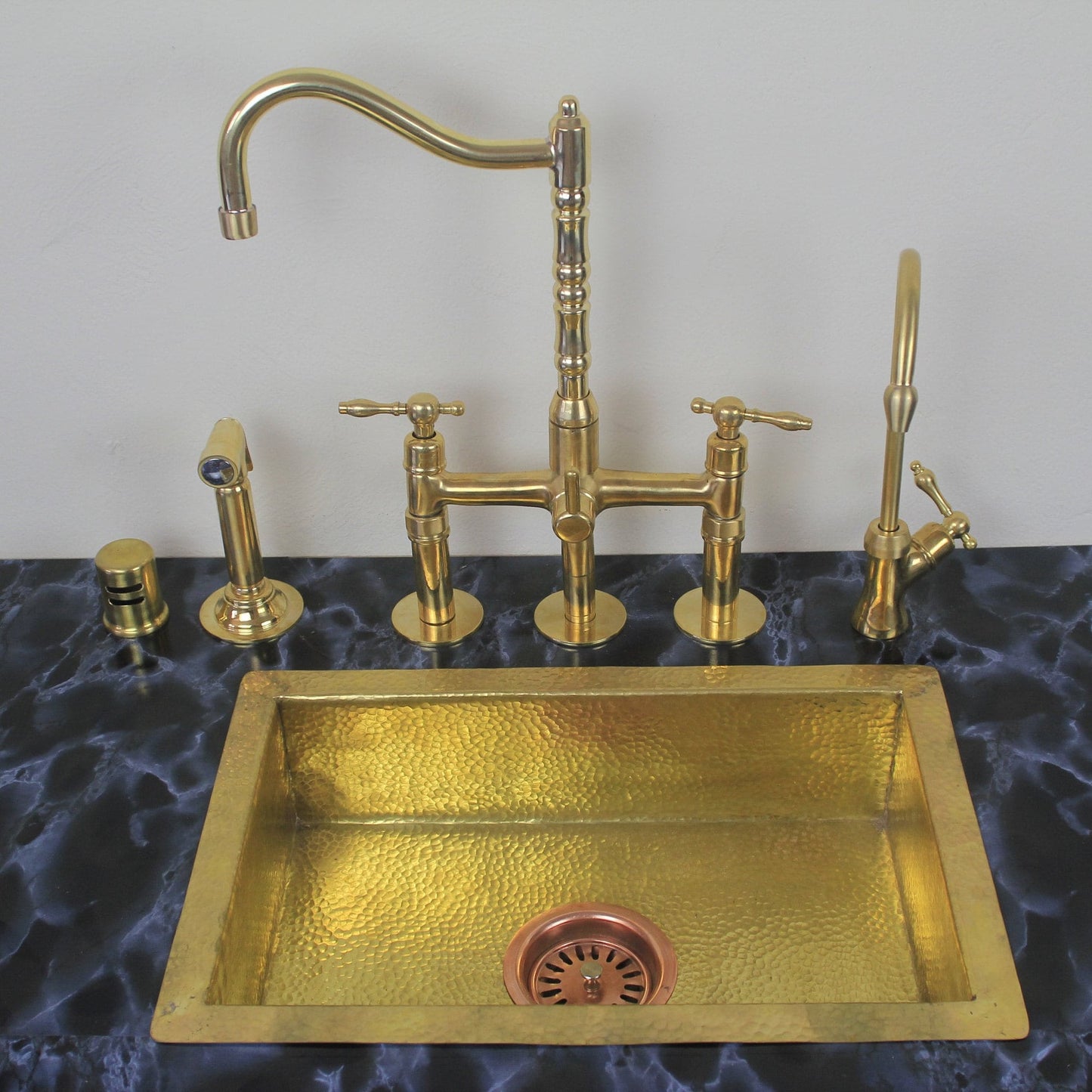 Classic Kitchen Bridge Faucet with Side Sprayer & Cold Water Faucet ,Modern Unlacquered Brass Bridge Faucet: Style and Functionality