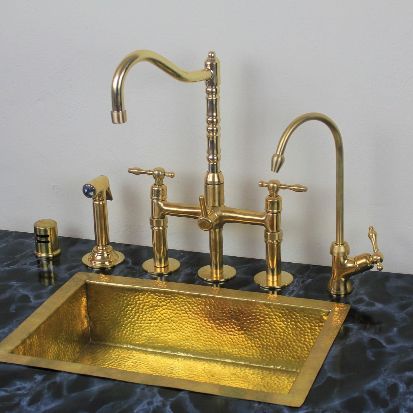 Classic Kitchen Bridge Faucet with Side Sprayer & Cold Water Faucet ,Modern Unlacquered Brass Bridge Faucet: Style and Functionality