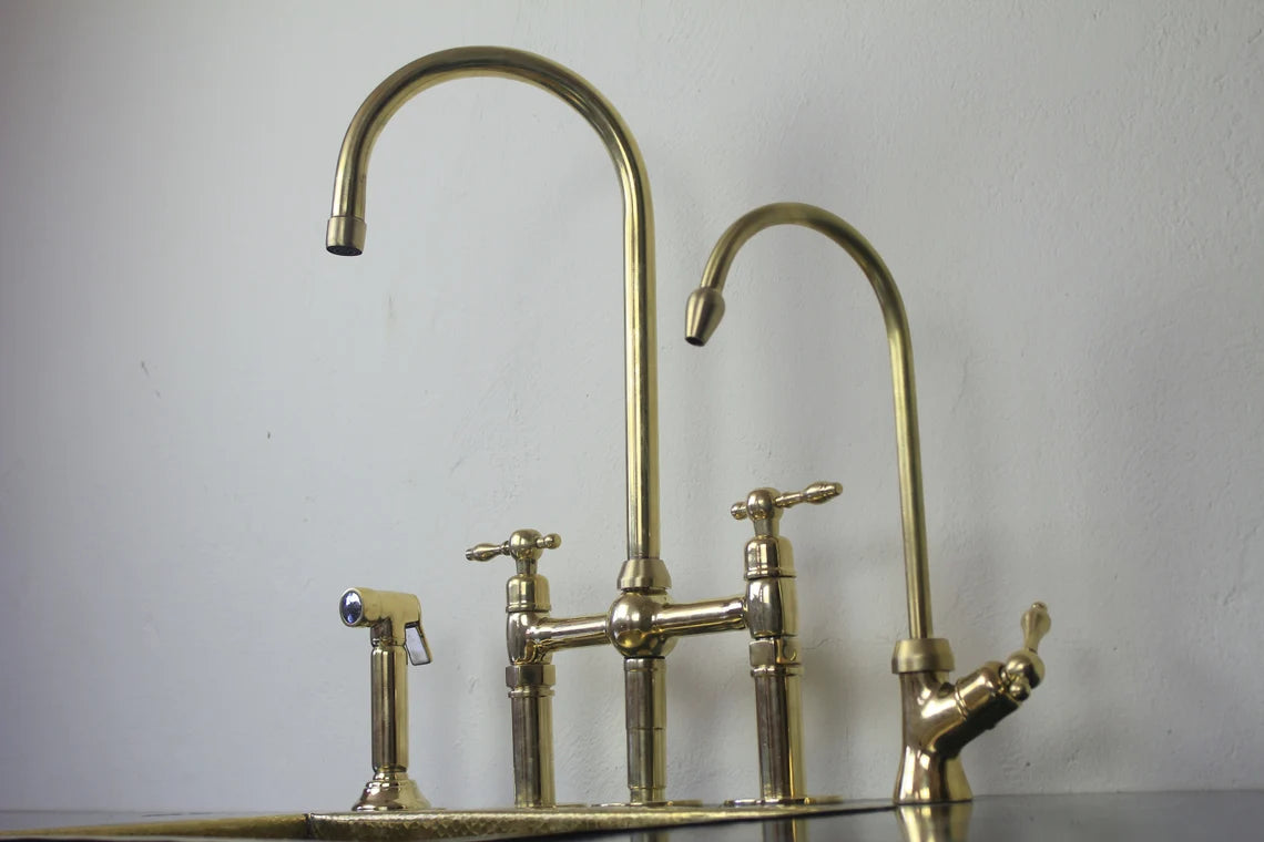 Unlacquered Brass 3 Holes Kitchen Bridge Faucet With Side Sprayer & Cold Water faucet