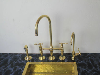 Unlacquered Brass 3 Holes Kitchen Bridge Faucet With Side Sprayer & Cold Water faucet