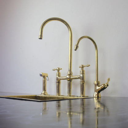 Unlacquered Brass 3 Holes Kitchen Bridge Faucet With Side Sprayer & Cold Water faucet